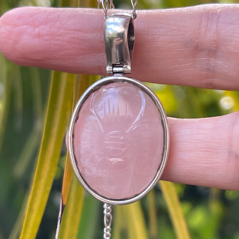 Vintage hand carved natural rose quartz solid sterling silver pendant